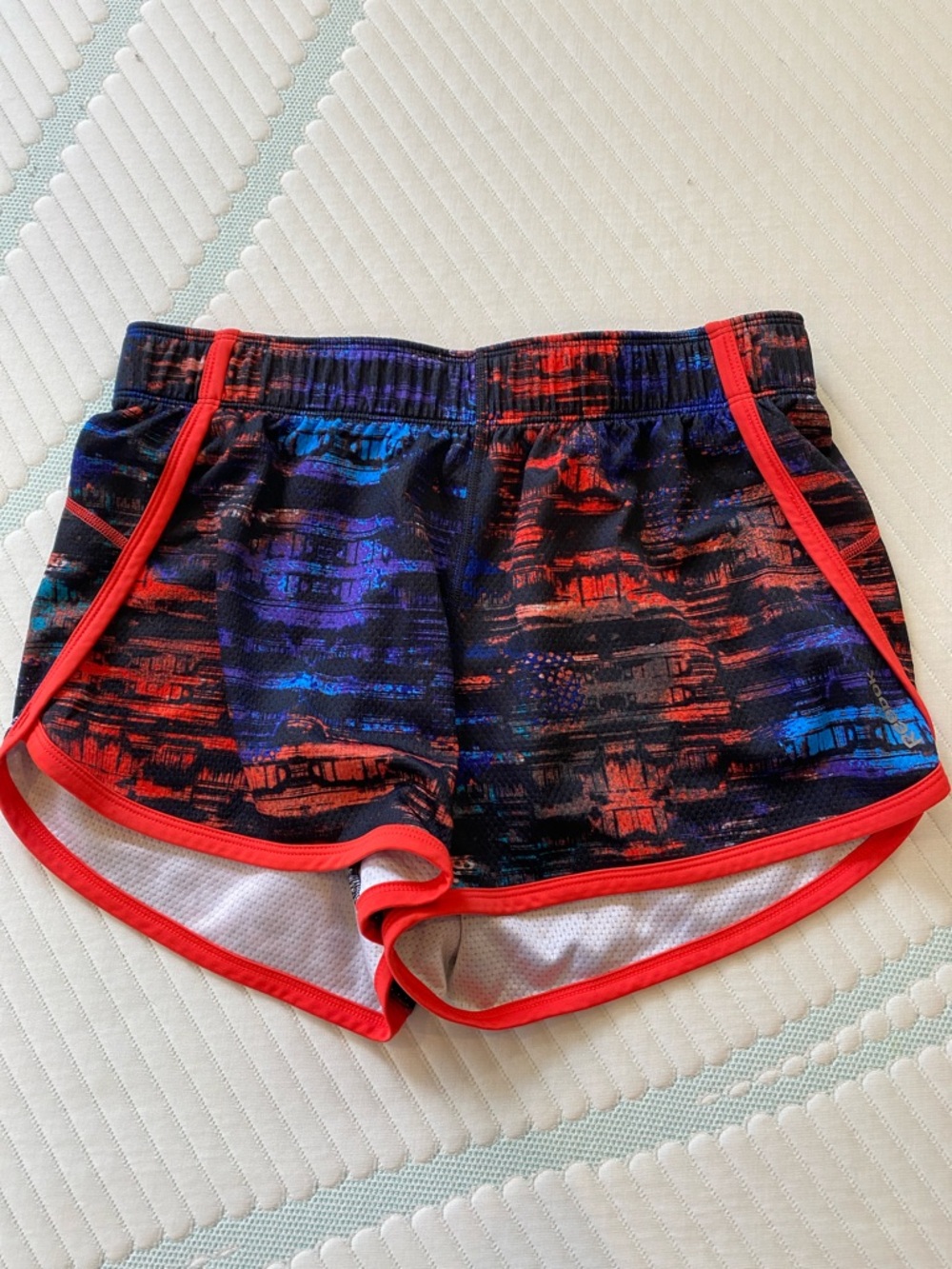 Reebok Women’s Athletic Running Shorts in Black with Red, Blue & Purple Print